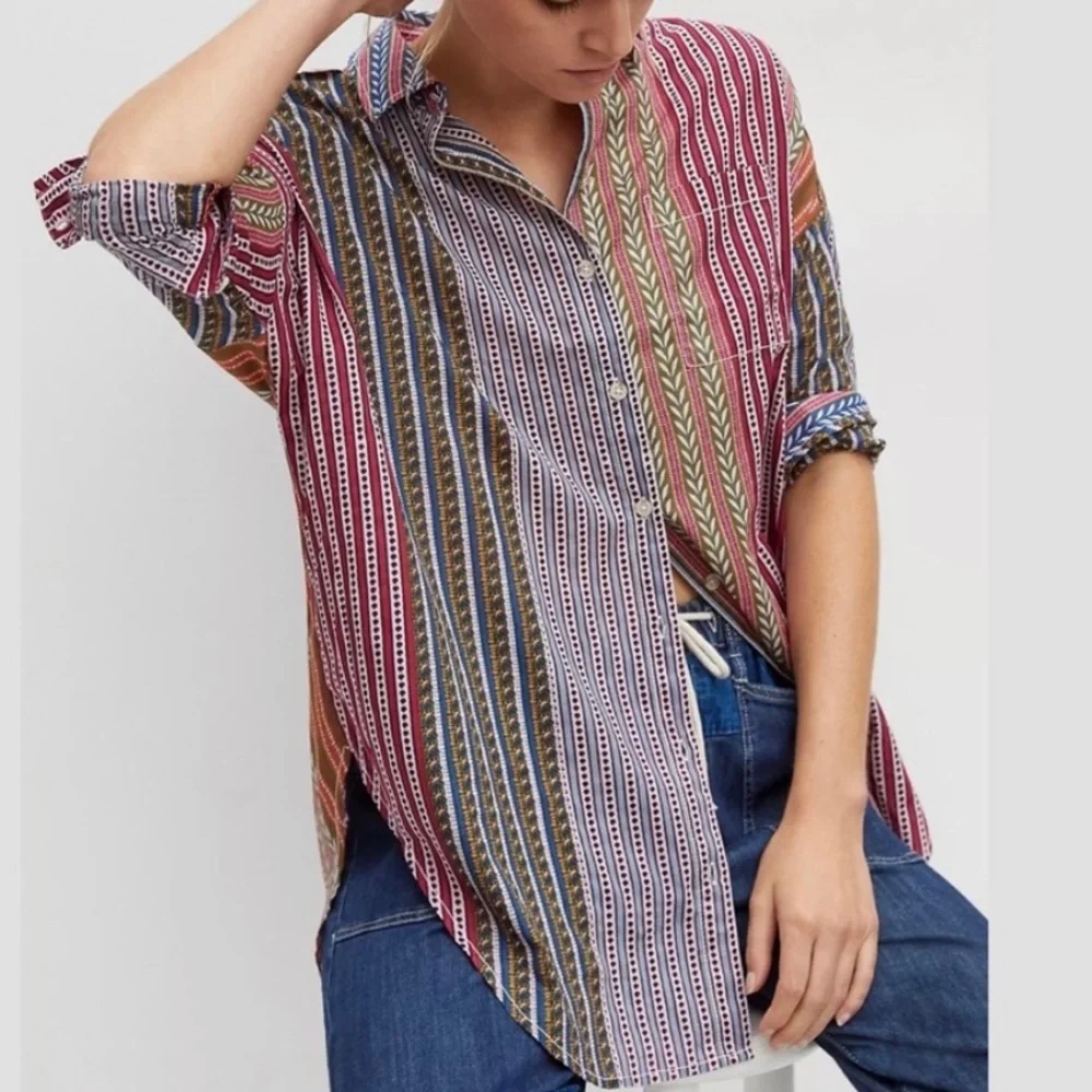 SOLD-Anthropologie Colorful Motif Printed Boho Oversized Buttondown Tunic - Picture 1 of 11